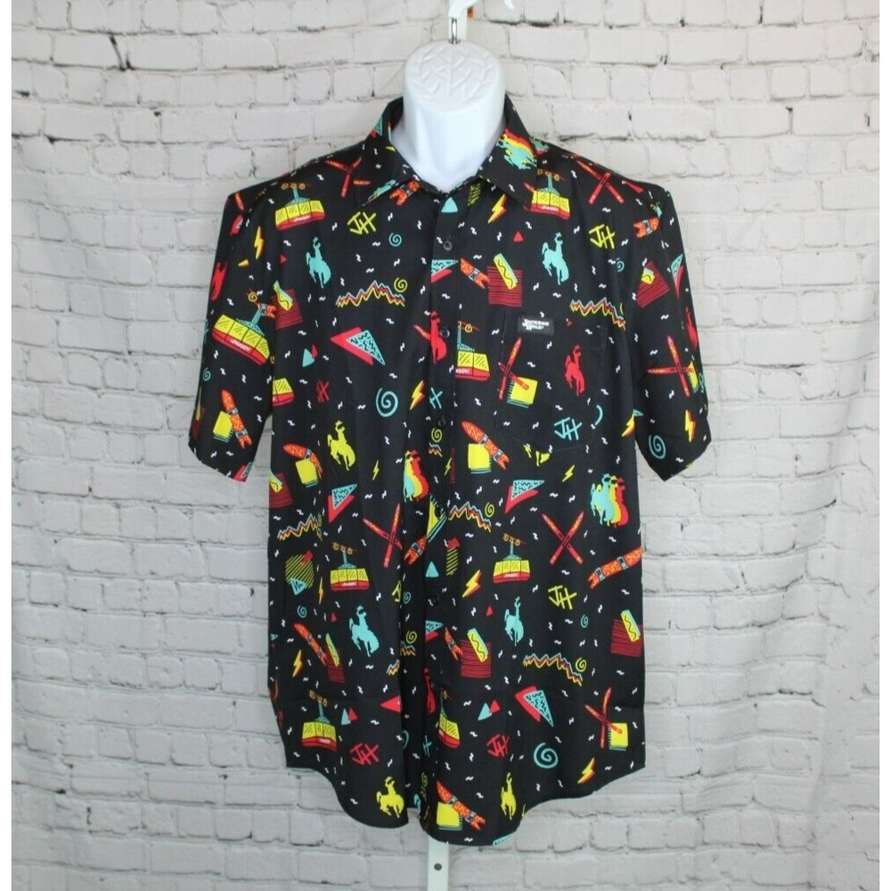 Jackson Hole Men's Size L Button up SS Cowboy Print Shirt Graphic 80's style EUC
